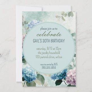 Blue Hydrangea Floral Circle Birthday Party Invite