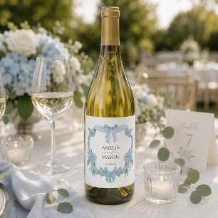 Blue Hydrangea Floral Crest Watercolor Wedding Wine Label