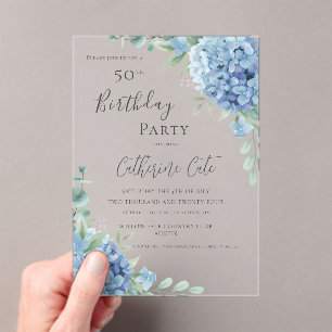 Blue Hydrangea Floral Elegant 50th Birthday Acrylic Invitations