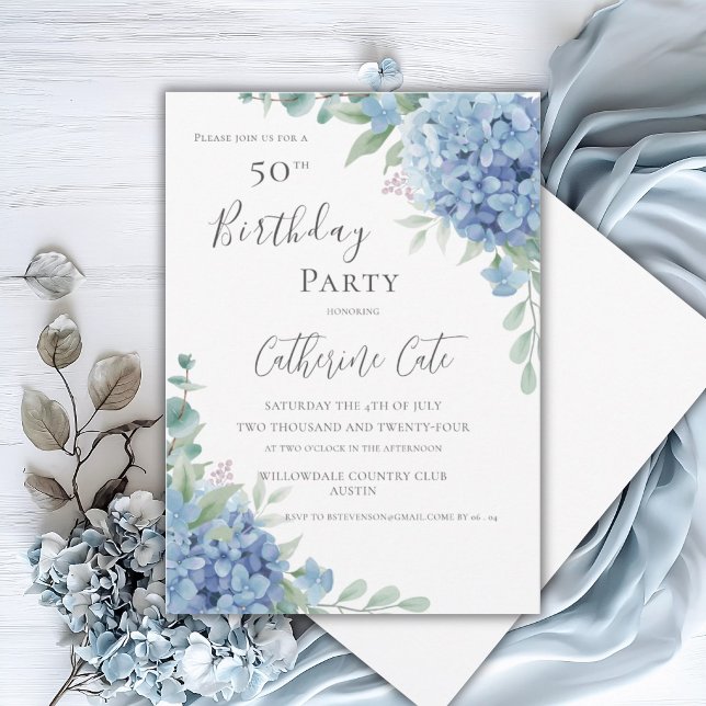 Blue Hydrangea Floral Elegant 50th Birthday Invitation (Creator Uploaded)