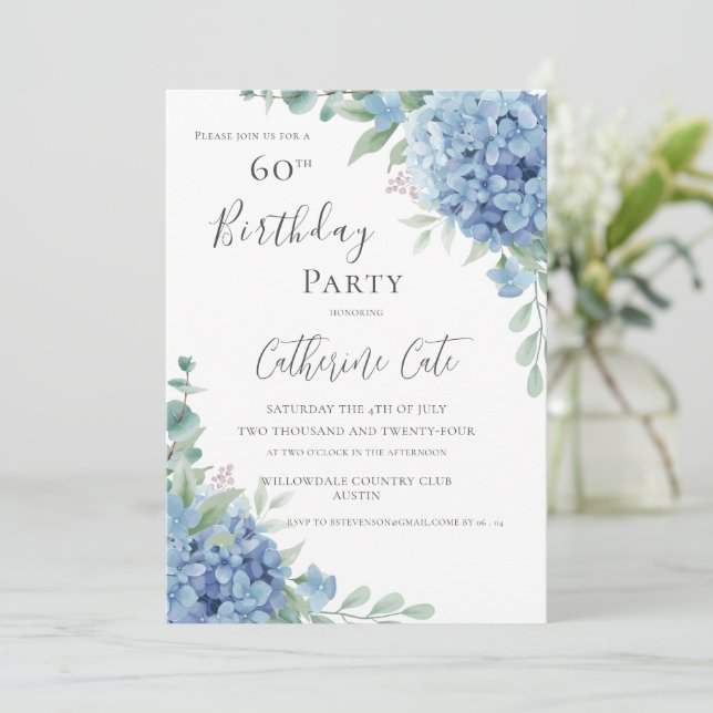 Blue Hydrangea Floral Elegant 60th Birthday Invitation (Standing Front)