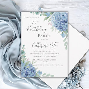 Blue Hydrangea Floral Elegant 75th Birthday Invitation
