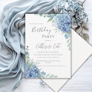 Blue Hydrangea Floral Elegant Birthday Invitation