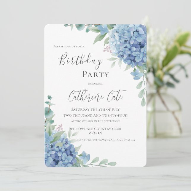 Blue Hydrangea Floral Elegant Birthday Invitation (Standing Front)