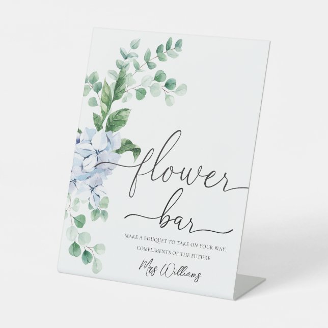 Blue Hydrangea Floral Flower Bar Favour Pedestal Sign (Front)