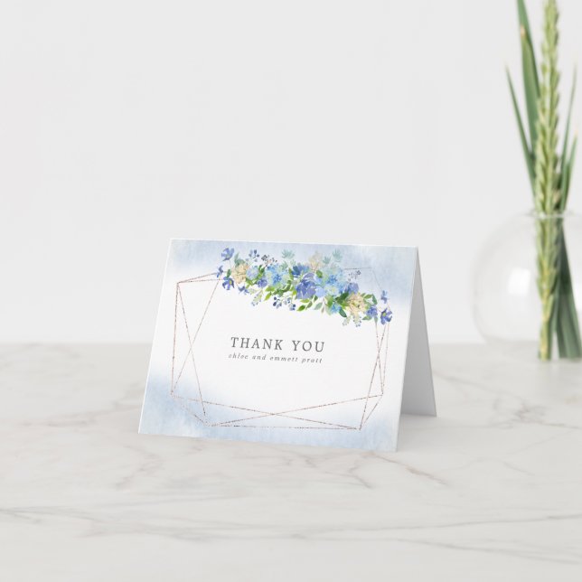 Blue Hydrangea Floral Gold Frame Thank You Card (Front)