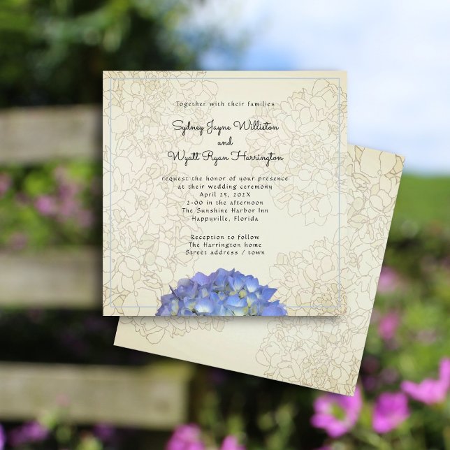 Blue Hydrangea Floral Graphic Sepia Square Invitation (Creator Uploaded)