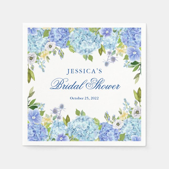 Blue Hydrangea Floral Greenery Bridal Shower Paper Napkin (Front)