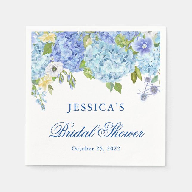 Blue Hydrangea Floral Greenery Bridal Shower Paper Napkin (Front)