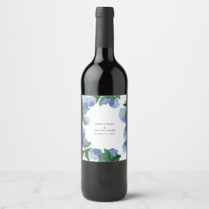 Blue Hydrangea Floral Greenery Modern Wedding Wine Label