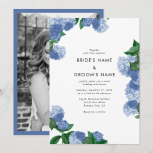 Blue Hydrangea Floral Greenery Photo Wedding Invitation