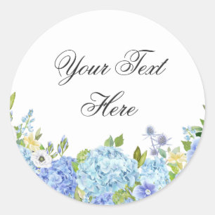 Blue Hydrangea Floral Greenery Watercolor Custom Classic Round Sticker