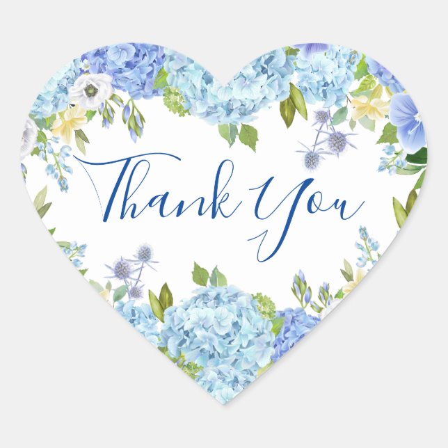 Blue Hydrangea Floral Greenery Watercolor Wedding Heart Sticker (Front)