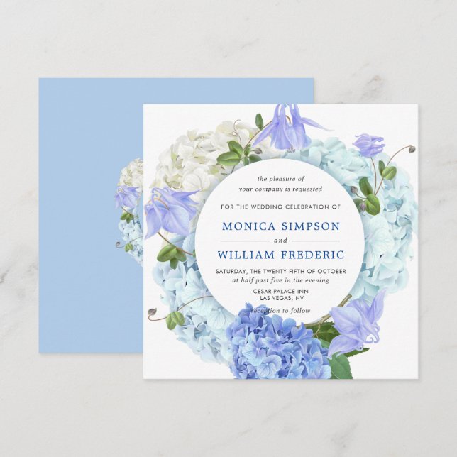 Blue Hydrangea Floral Greenery Watercolor Wedding Invitation (Front/Back)