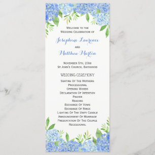Blue Hydrangea Floral Greenery Wedding Ceremony Programme