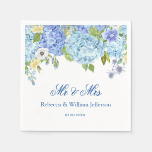 Blue Hydrangea Floral Greenery Wedding Paper Napkin