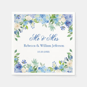 Blue Hydrangea Floral Greenery Wedding Paper Napkin