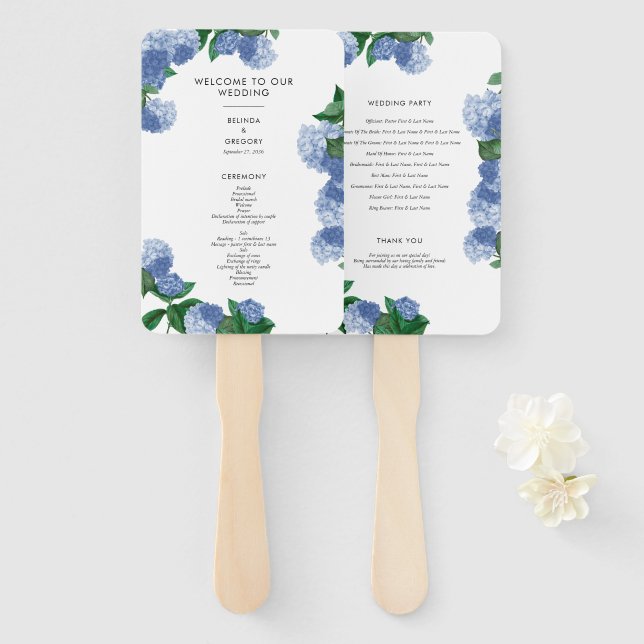 Blue Hydrangea Floral Greenery Wedding Program Hand Fan (Front and Back)