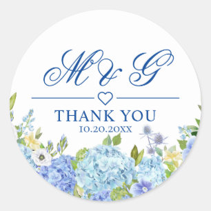 Blue Hydrangea Floral Greenery Wedding Thank You Classic Round Sticker