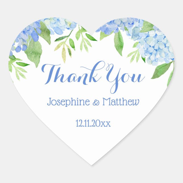 Blue Hydrangea Floral Greenery Wedding Thank You Heart Sticker (Front)