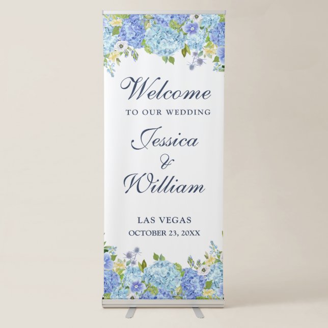 Blue Hydrangea Floral Greenery  Wedding Welcome Retractable Banner (Front)