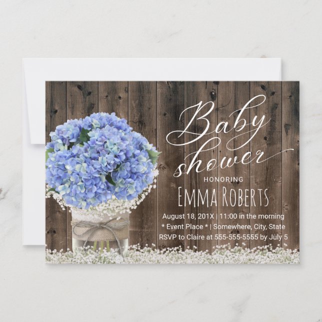 Blue Hydrangea Floral Jar Barn Wood Baby Shower Invitation (Front)