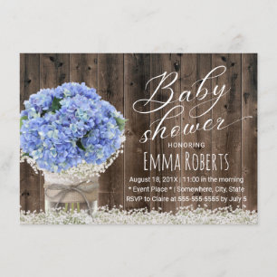 Blue Hydrangea Floral Jar Barn Wood Baby Shower Invitation