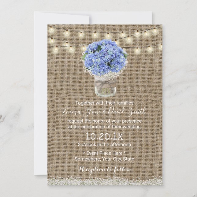 Blue Hydrangea Floral Jar Rustic Burlap Wedding Invitation (Front)