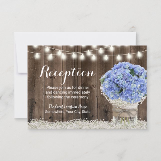 Blue Hydrangea Floral Jar Rustic Wedding Reception Invitation (Front)