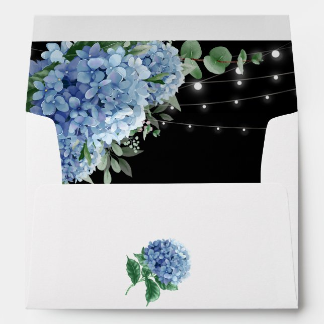 Blue Hydrangea Floral Lantern Black Boho Wedding Envelope (Back (Bottom))