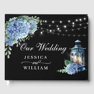 Blue Hydrangea Floral Lantern Black Boho Wedding Guest Book