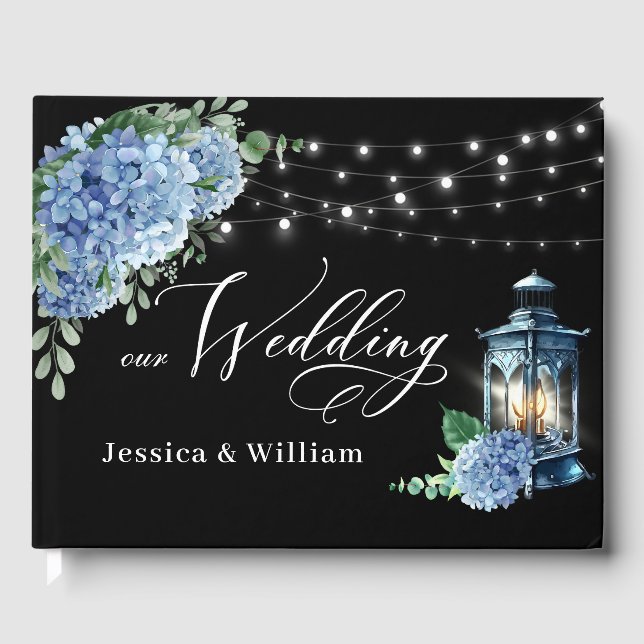 Blue Hydrangea Floral Lantern Black Boho Wedding Guest Book (Front)