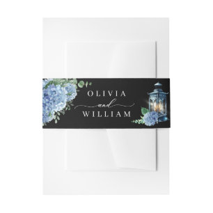 Blue Hydrangea Floral Lantern Black Boho  Wedding Invitation Belly Band