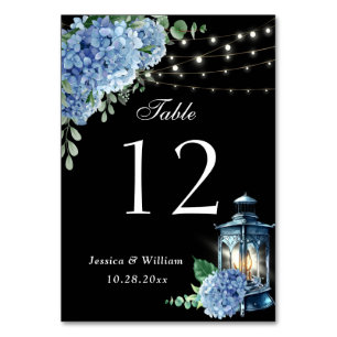 Blue Hydrangea Floral Lantern Black Boho Wedding Table Number