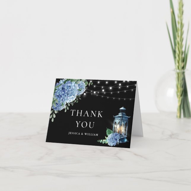 Blue Hydrangea Floral Lantern Black Boho Wedding Thank You Card (Front)