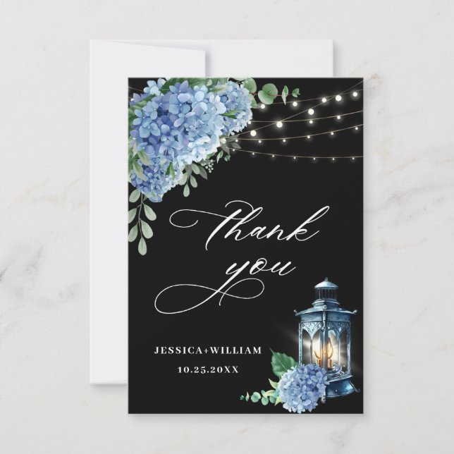 Blue Hydrangea Floral Lantern Black Boho  Wedding Thank You Card (Front)