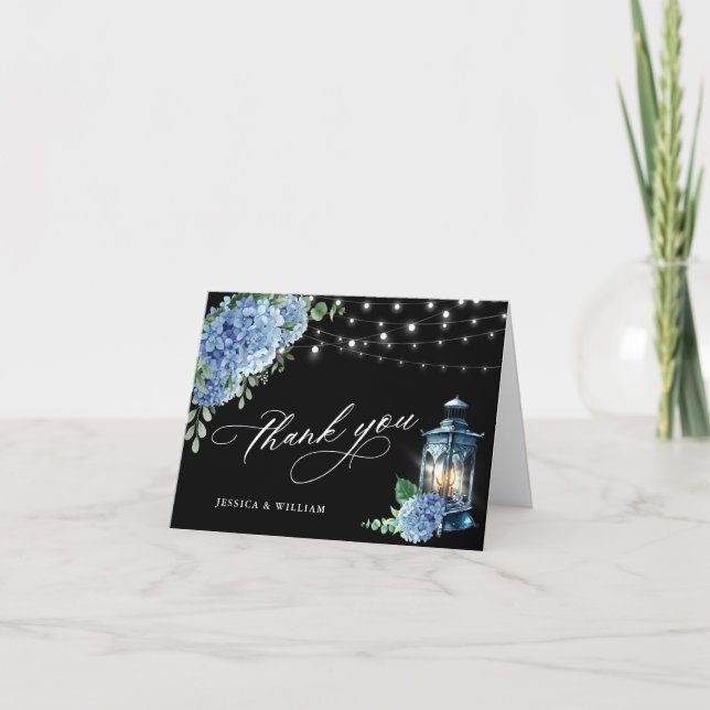 Blue Hydrangea Floral Lantern Black Boho Wedding Thank You Card (Front)