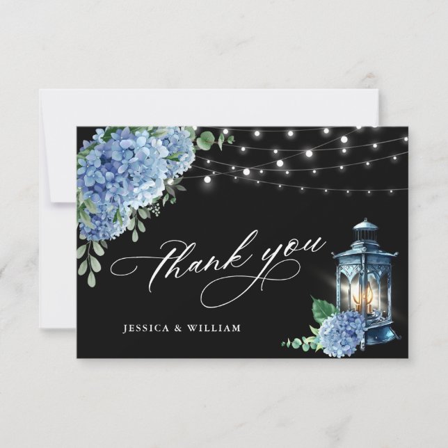 Blue Hydrangea Floral Lantern Black Boho Wedding Thank You Card (Front)