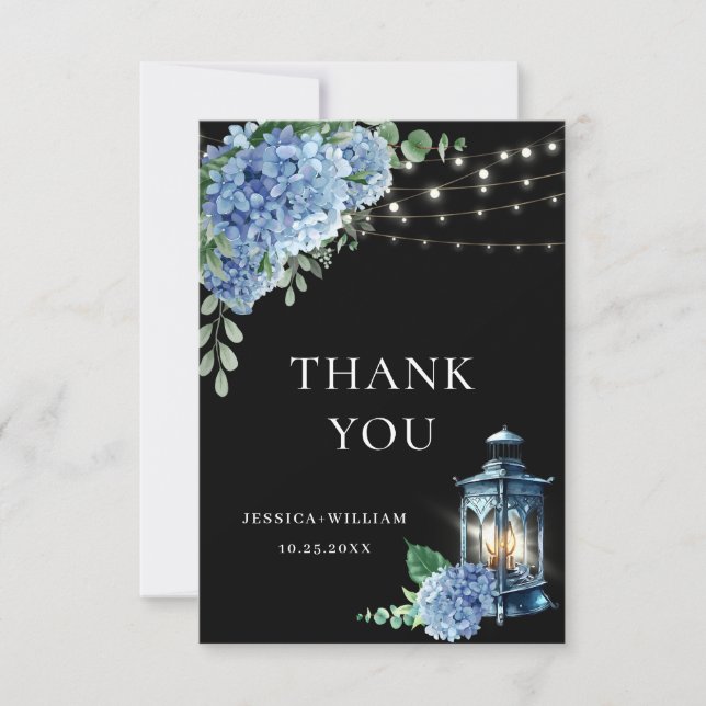 Blue Hydrangea Floral Lantern Black Boho Wedding Thank You Card (Front)
