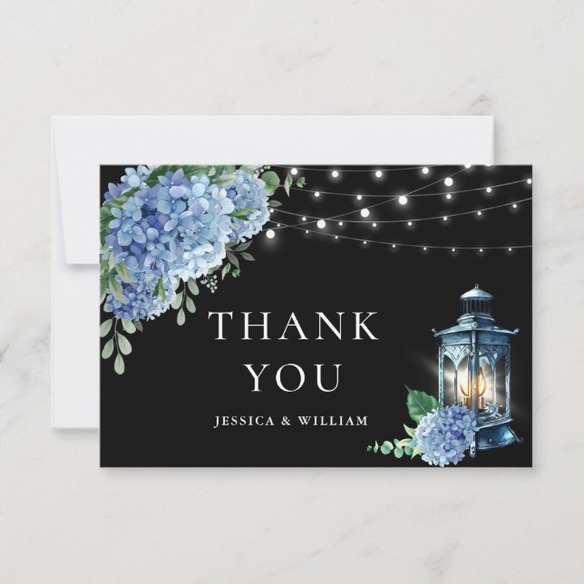 Blue Hydrangea Floral Lantern Black Boho Wedding Thank You Card (Front)