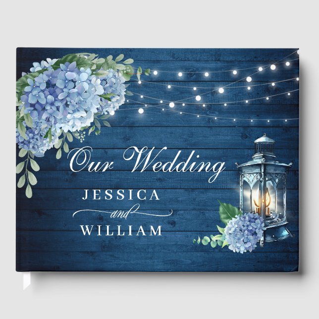 Blue Hydrangea Floral Lantern Navy Wood Wedding Guest Book (Front)