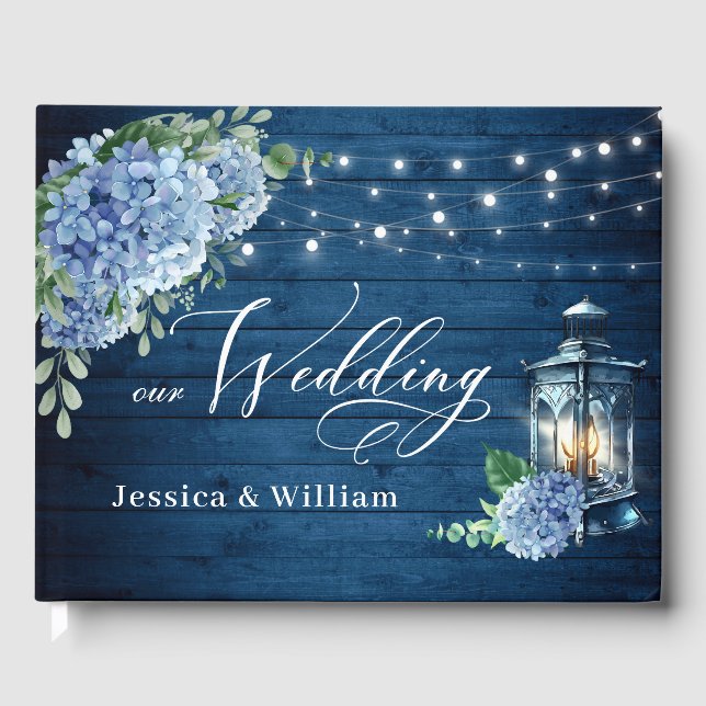 Blue Hydrangea Floral Lantern Navy Wood Wedding Guest Book (Front)