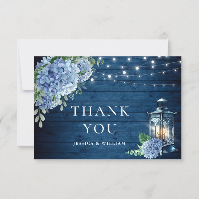 Blue Hydrangea Floral Lantern Navy Wood Wedding Thank You Card (Front)