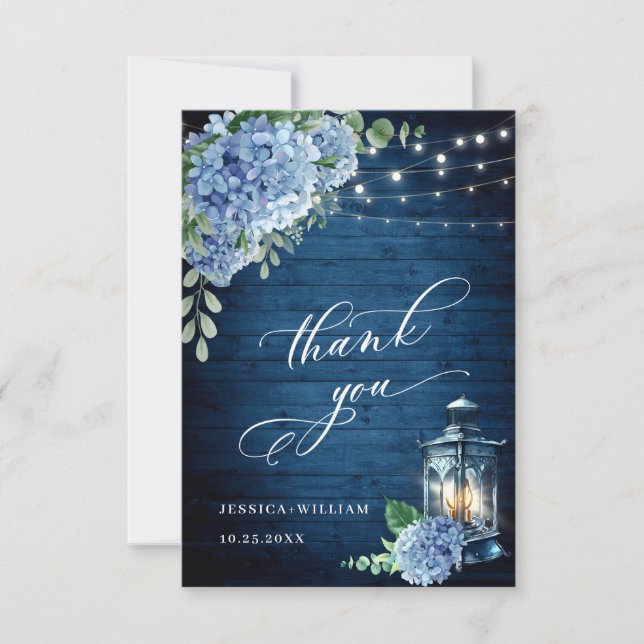 Blue Hydrangea Floral Lantern Navy Wood Wedding Thank You Card (Front)