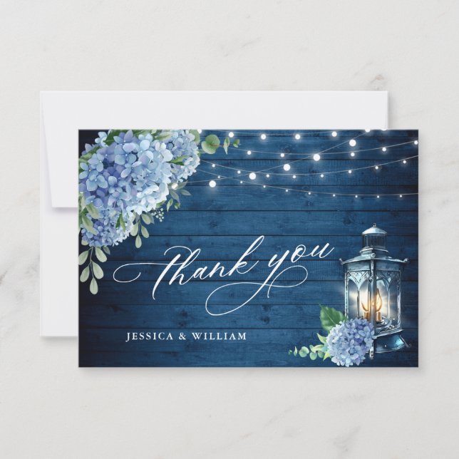Blue Hydrangea Floral Lantern Navy Wood Wedding Thank You Card (Front)