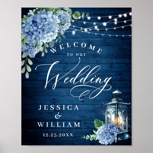 Blue Hydrangea Floral Lantern Wood Welcome Wedding Poster (Front)