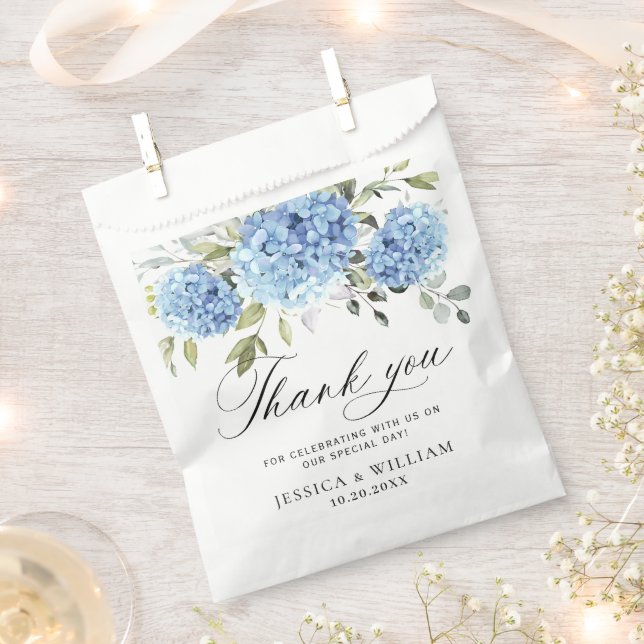 Blue Hydrangea Floral Love and Thanks Wedding Favour Bags (Clipped)