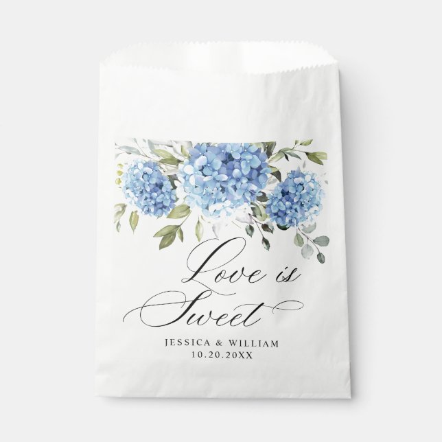 Blue Hydrangea Floral Love and Thanks Wedding Favour Bags (Front)