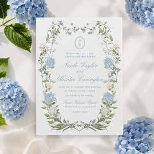 Blue Hydrangea Floral Monogram Crest Wedding Invitation