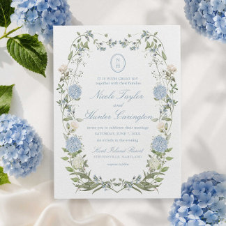 Blue Hydrangea Floral Monogram Crest Wedding Invitation